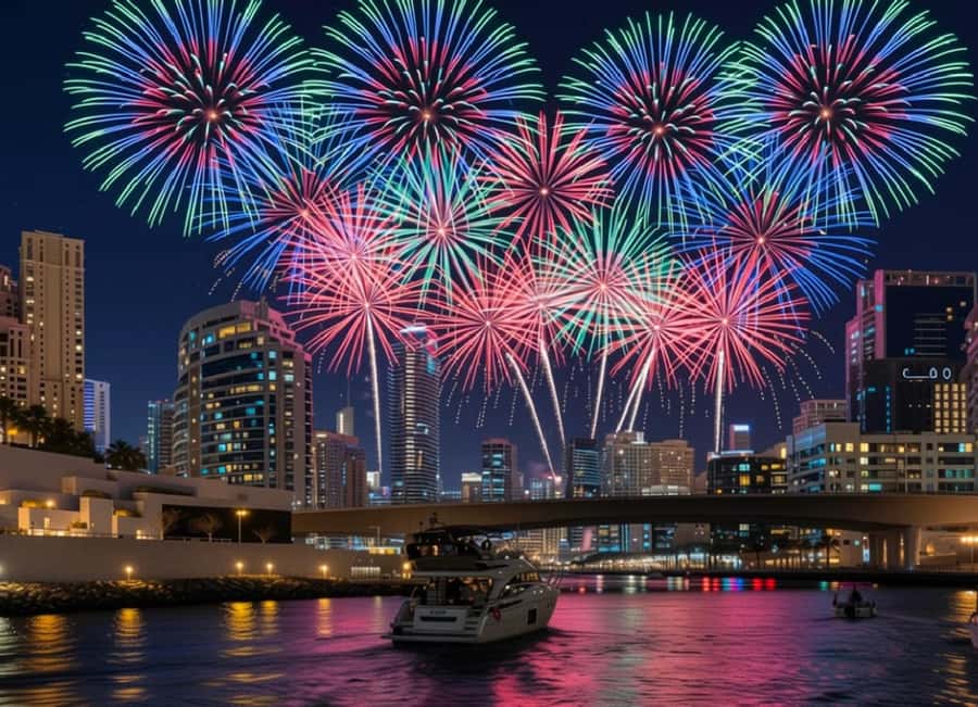Dubai: New Year Eve Luxury Yacht Fireworks View & BBQ Cruise - Dinner, drinks, and onboard entertainment